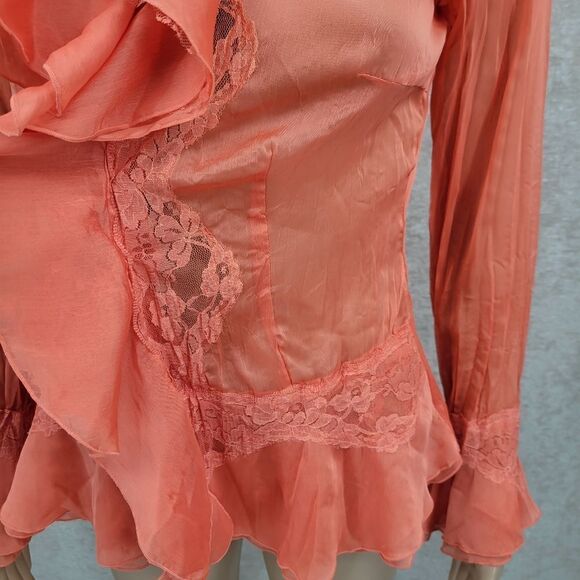 MK Solo Coquettegirl Coral Color Poet Blouse Y2K Taffeta Satin Lace Ruffled - Picture 2 of 12